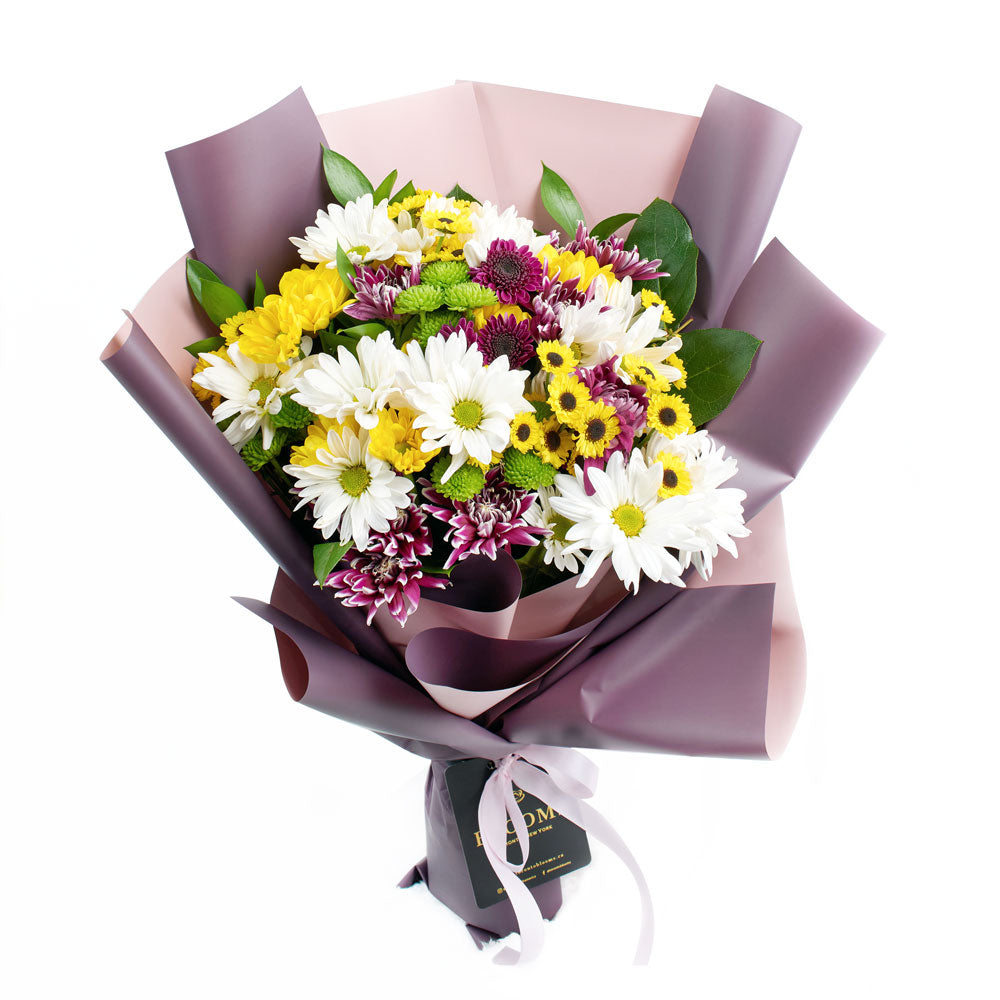 Multi-coloured mixed daisy bouquet. Blooms America Delivery.