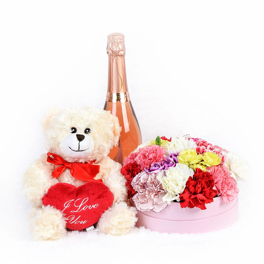 "Be Mine Forever" Flowers &amp; Champagne Gift, Carnation Box Arrangement from America Blooms - America Delivery.