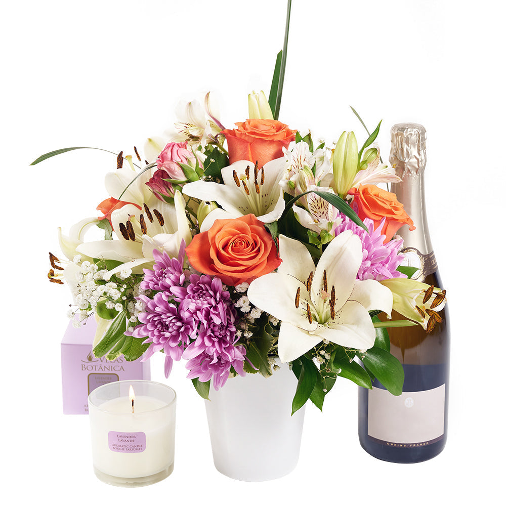 Beautifully Fragrant Flowers &amp; Champagne Gift, Mixed Flower, Champagne and Candle from America Blooms - America Delivery.