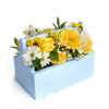 Blue Garden Box Arrangement, Yellow and white mixed floral arrangement in a blue toolbox, from America Blooms - America Delivery.