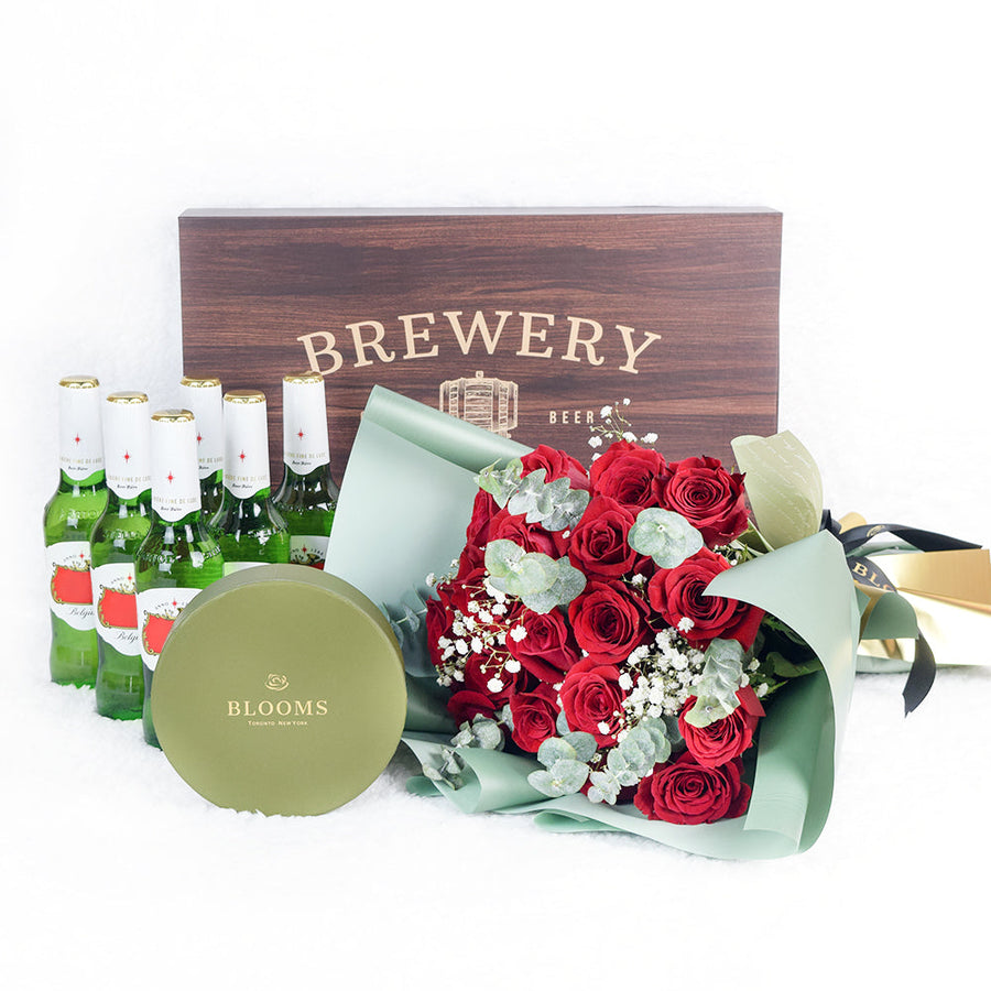 Cheers To A Milestone! Flowers & Beer Gift from Blooms America with an unconventional yet edgy mix of beers and flowers, from America Blooms - America Delivery.