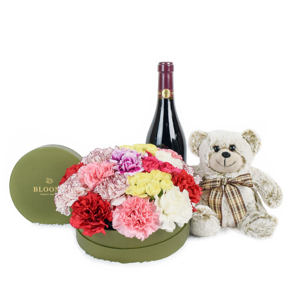 Blooms Chocolate Truffles and Wine Gift – how the gift is presented