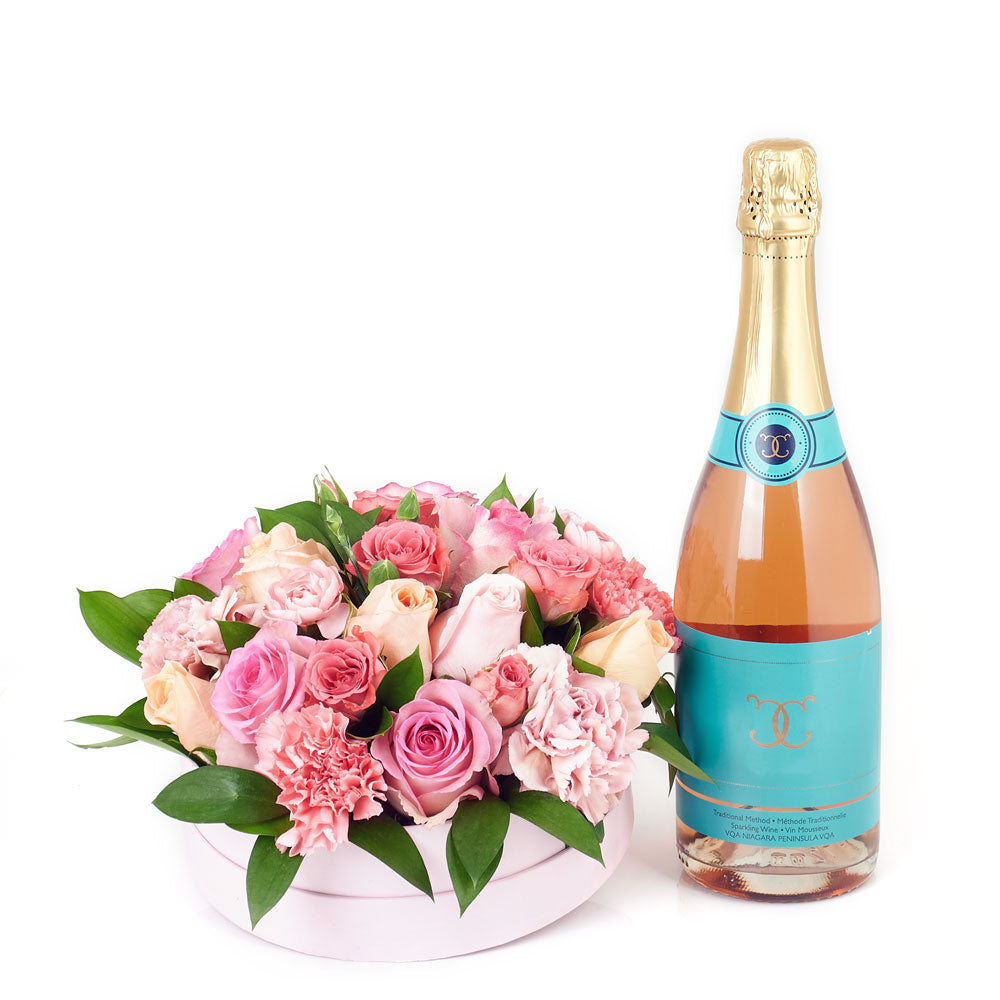Celebrations Galore Flowers &amp; Champagne Gift - Mixed Floral Hat Box and Sparkling Wine Gift - America Blooms Day
