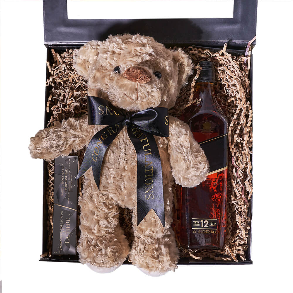 Celebratory Graduation &amp; Spirits Gift, liquor gift, plush bear gift from America Blooms - Same Day America Delivery.