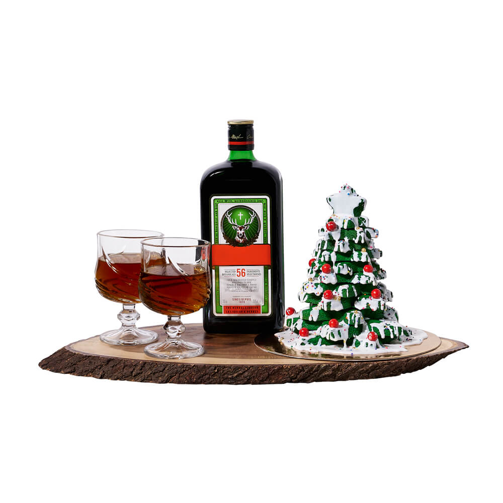 Festive Vodka and Christmas Cookie Tower Gift Basket – how the gift is presented