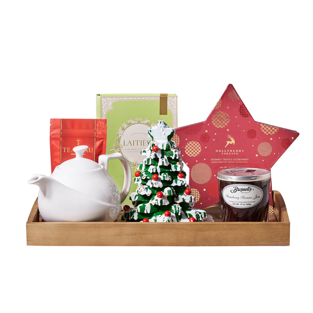 Holiday Pine Wood Tray with Christmas Tree Cookie Tower and Chocolates – how the gift is presented
