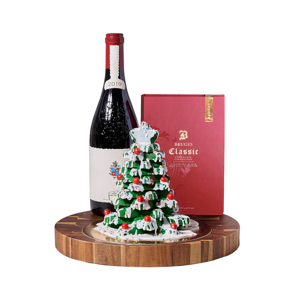 Christmas Cookie Tower with Wine Gift – how the gift is presented
