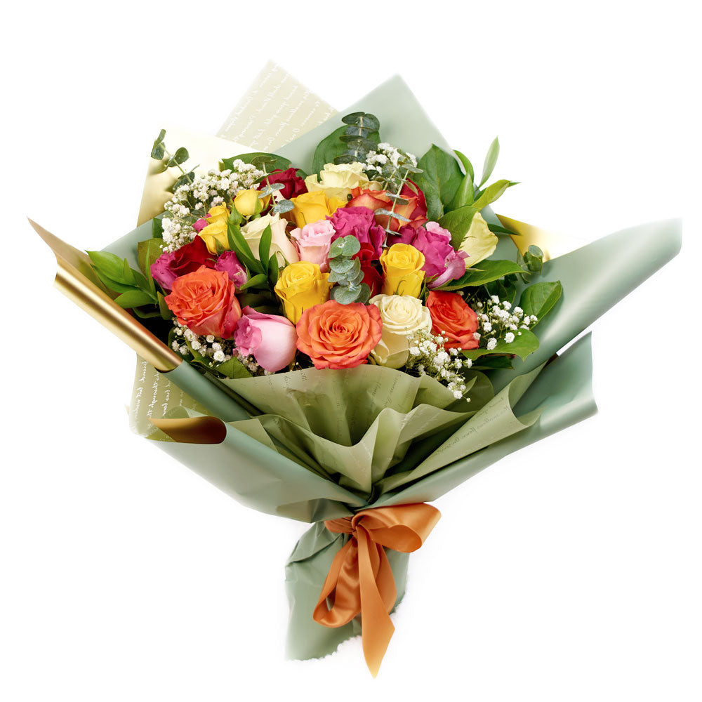 Deluxe Multicolored Rose and Baby's Breath Bouquet – how the gift is presented