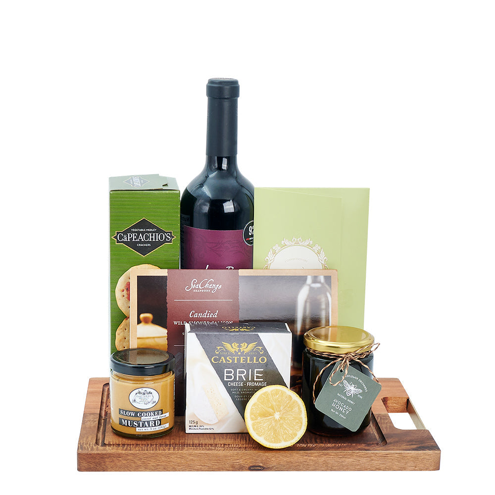 Deluxe Salmon &amp; Wine Gift Basket. Wine, Cheese, Salmon, Chocolate Gift Set from America Blooms - America Delivery.