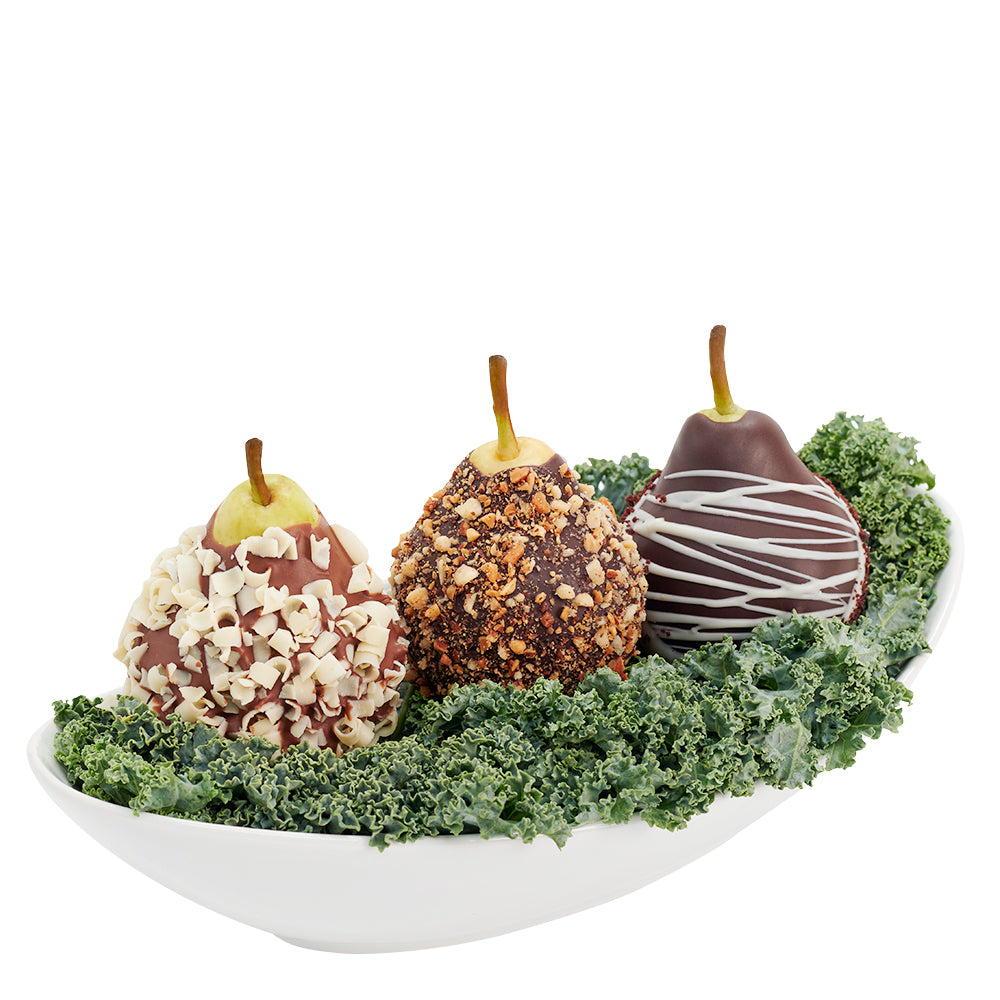 Fragrant & Fresh Floral Gourmet Gift Set - Dipped Chocolate Pears, Mixed Roses Gift - Blooms America Delivery