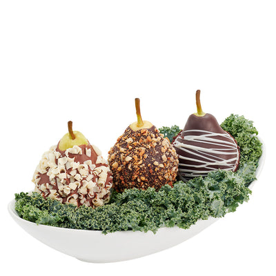 Fragrant & Fresh Floral Gourmet Gift Set - Dipped Chocolate Pears, Mixed Roses Gift - Blooms America Delivery