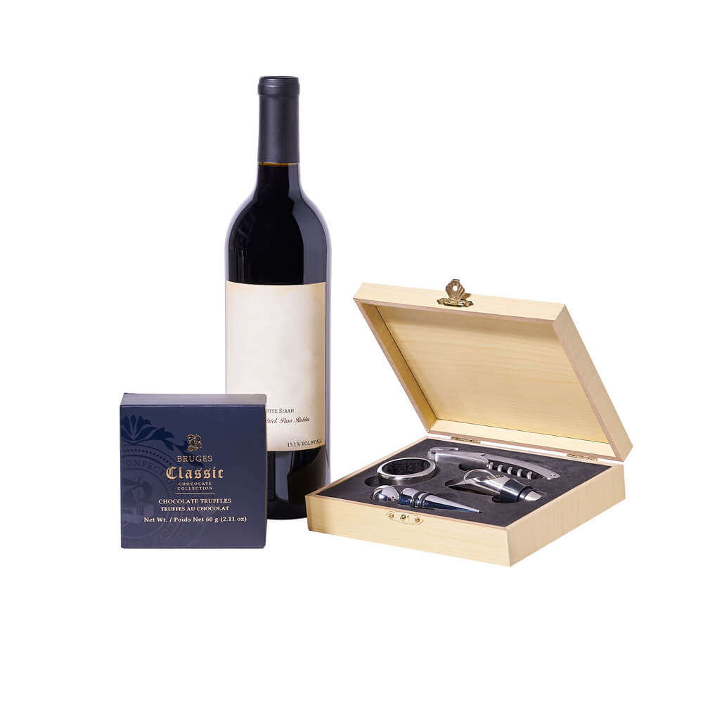 Wine and Six Bruges Classic Chocolate Truffles in Wooden Gift Box – how the gift is presented