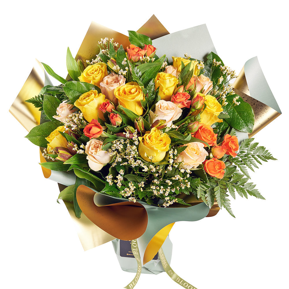 Hand-Tied Bouquet of Yellow Roses and Alstroemeria – how the gift is presented