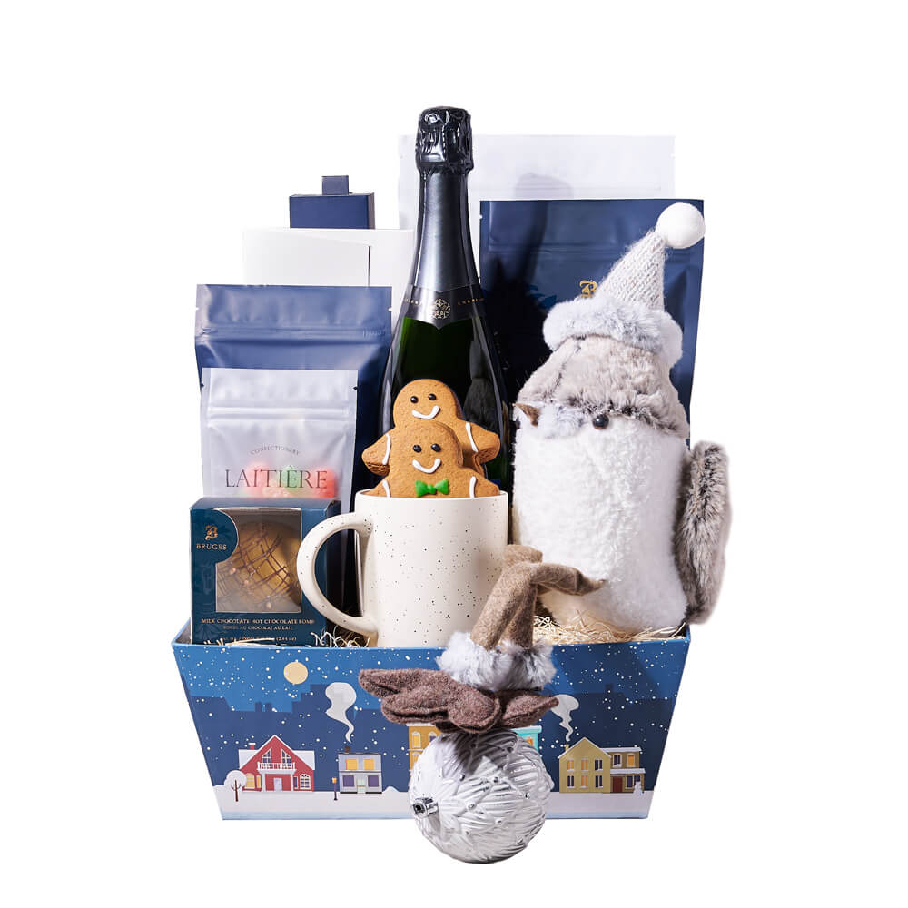 Holiday Sparkling Wine Gift with Gourmet Christmas Village Tray – how the gift is presented