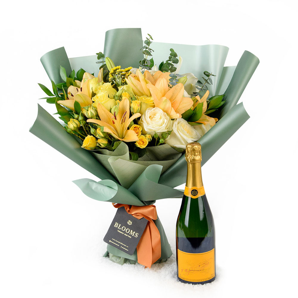 Floral Sunrise Mixed Bouquet &amp; Champagne, Mixed flower bouquet and Champagne from America Blooms - America Delivery.