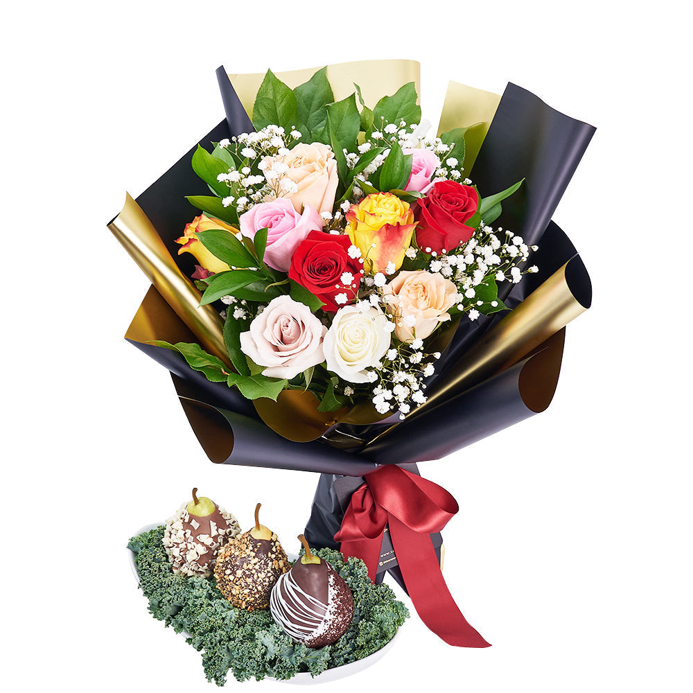 Fragrant &amp; Fresh Floral Gourmet Gift Set - Dipped Chocolate Pears, Mixed Roses Gift - America Blooms Delivery