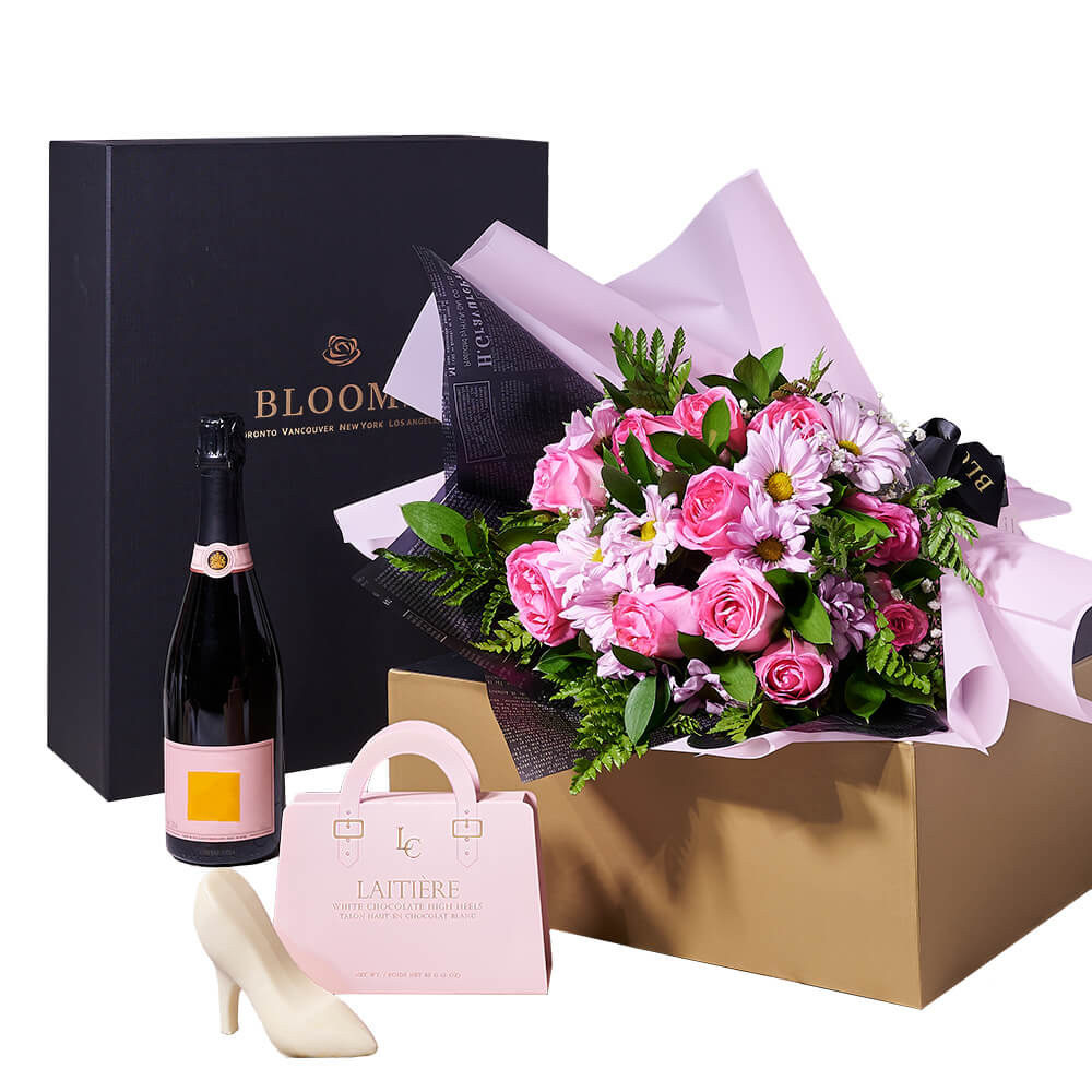 Pink and Purple Rose Bouquet with Sparkling Wine and Gourmet Chocolate – how the gift is presented