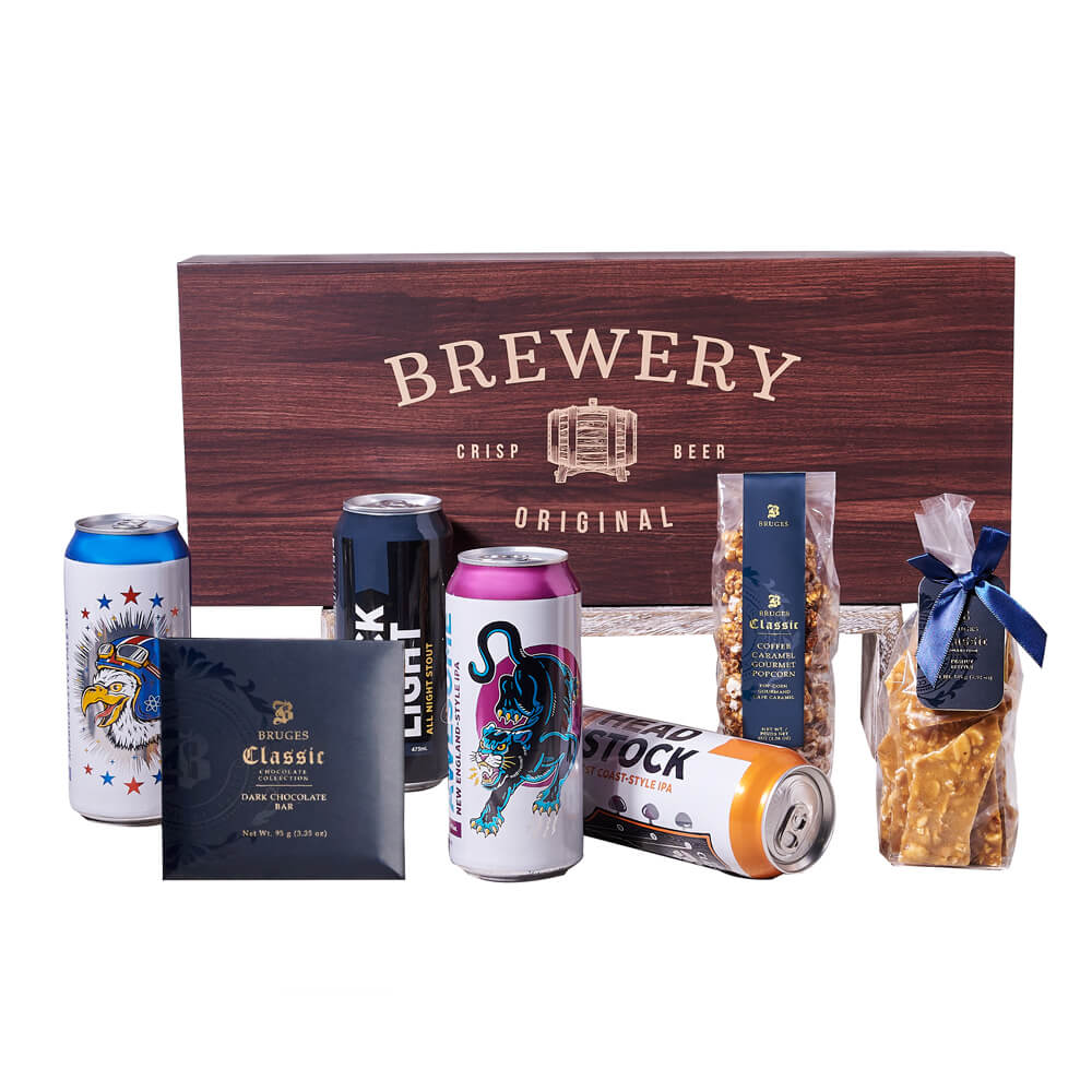 Locally Sourced Craft Beer with Bruges Treats in Wooden Box – how the gift is presented