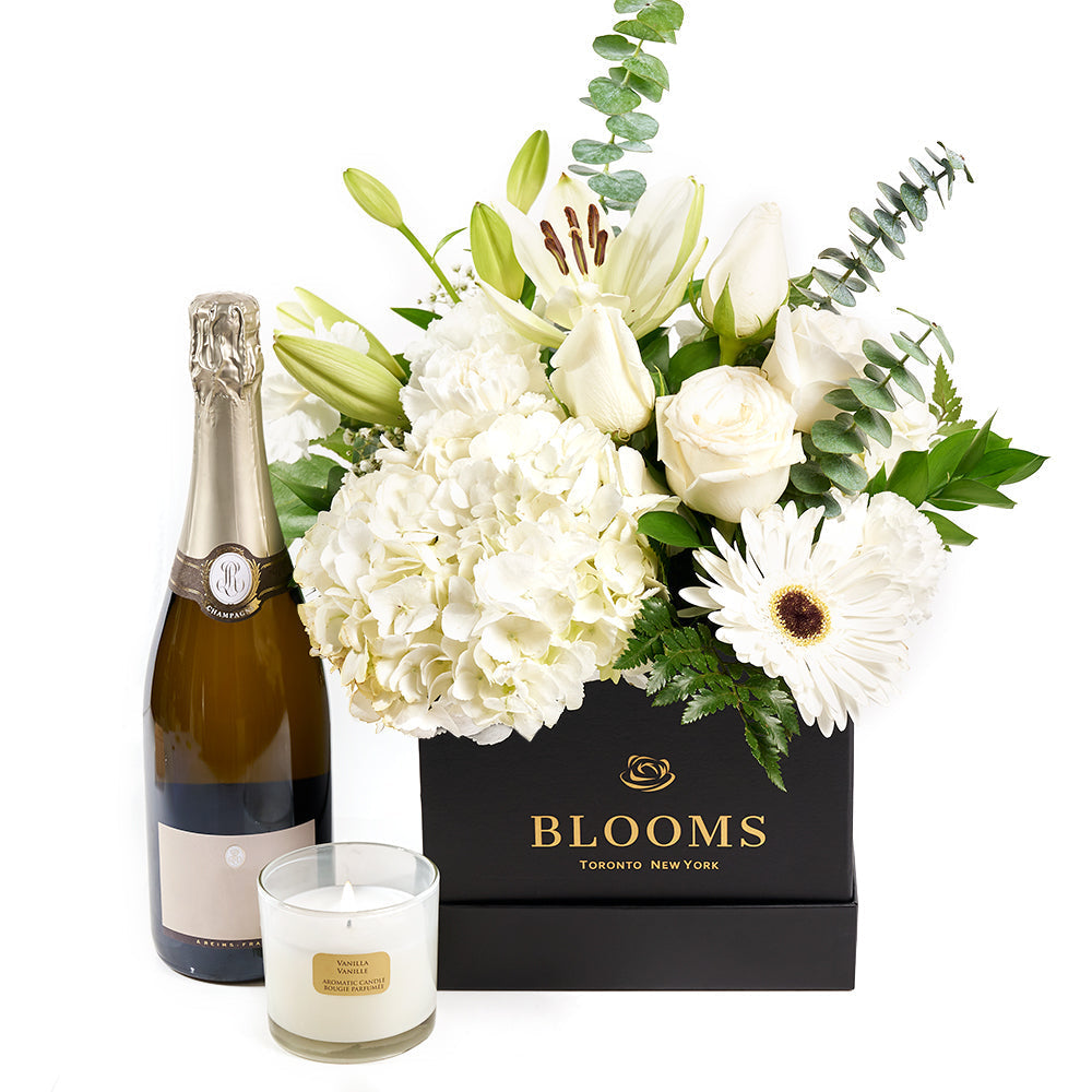 Heavenly Scents Flowers &amp; Champagne Gift, Mixed Floral Arrangement, Wine and Candle Gift from America Blooms - America Delivery.