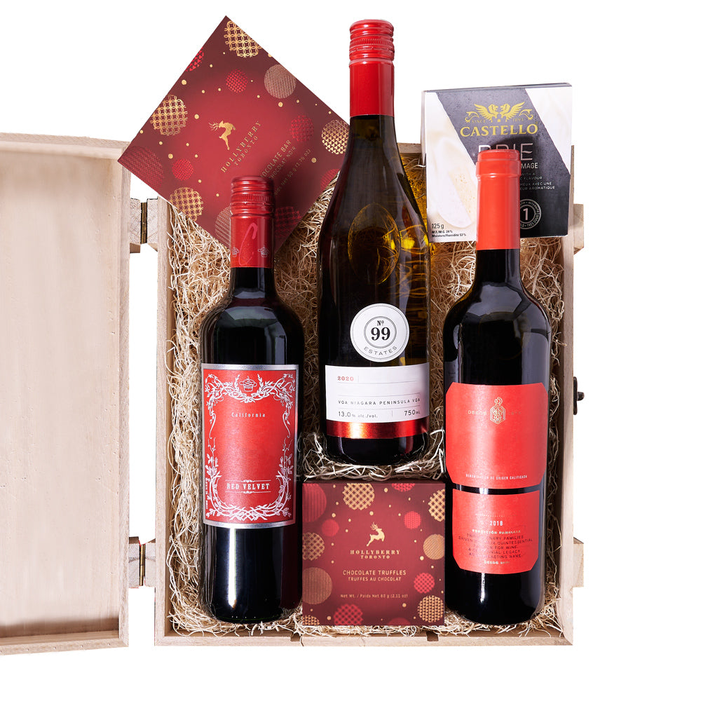 Holiday Wine Trio & Treat Gift Box,  candy, chocolate, chocolate bar,  christmas,  Christmas Cookie,  Christmas set,  gourmet,  wine,  wooden box, christmas Wine Trio, Wine Box Trio delivery. America Blooms - America Blooms Delivery