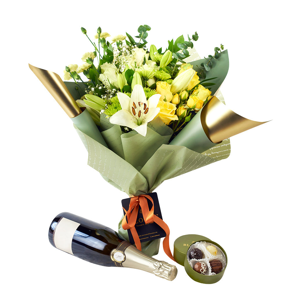 Joyful Renditions Floral Arrangement &amp; Gift Set - Wine Gift Set - America Blooms Delivery