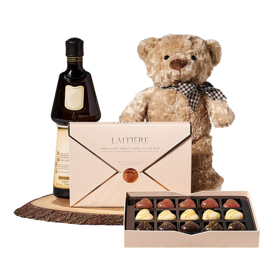 Liquor & Teddy Chocolate Gift, chocolate gift, chocolate, liquor gift, liquor, gourmet gift, gourmet, teddy bear gift, teddy bear, plush gift, plush. America Blooms Delivery