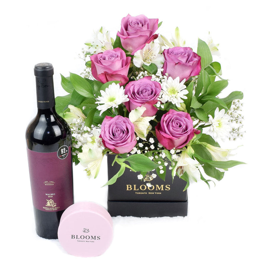 Livewire Lilies Chocolate & Wine Flower Gift, from America Blooms - Same Day America Delivery.