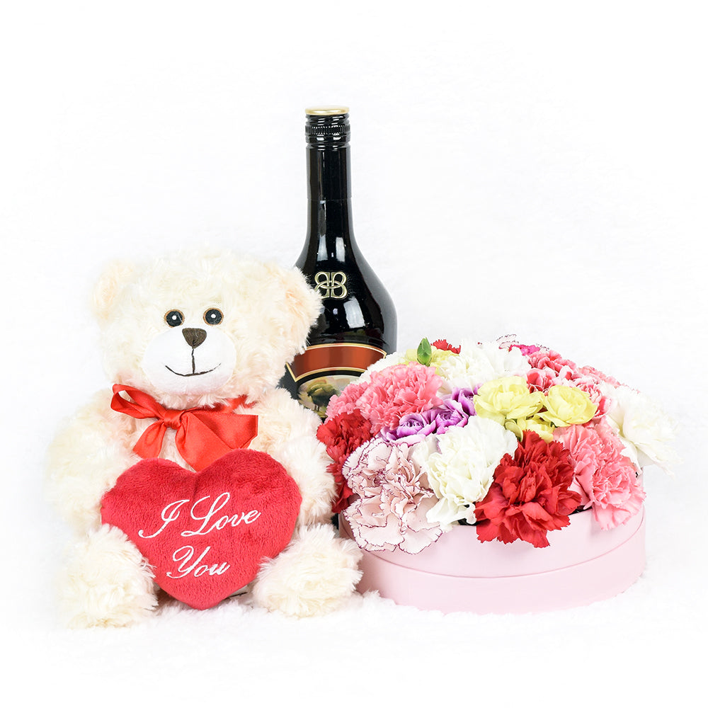 Love In Paris Flowers &amp; Spirits Gift, Carnation Hat Box Arragement With Spirits and plush, from America Blooms -America Delivery.