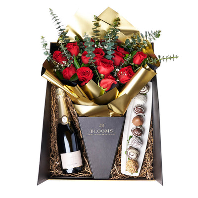 Love Like This Rose Gift Box, rose gift, roses, champagne gift, champagne, sparkling wine gift, sparkling wine, rose gift, roses, flower gift, flowers, chocolate covered strawberries, chocolate covered strawberry gift, valentines gift, valentines. America Blooms Delivery