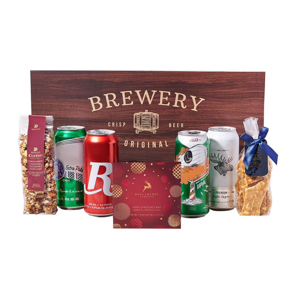 Holiday Season Craft Beer Gift Basket with Dark Chocolate and Popcorn – how the gift is presented
