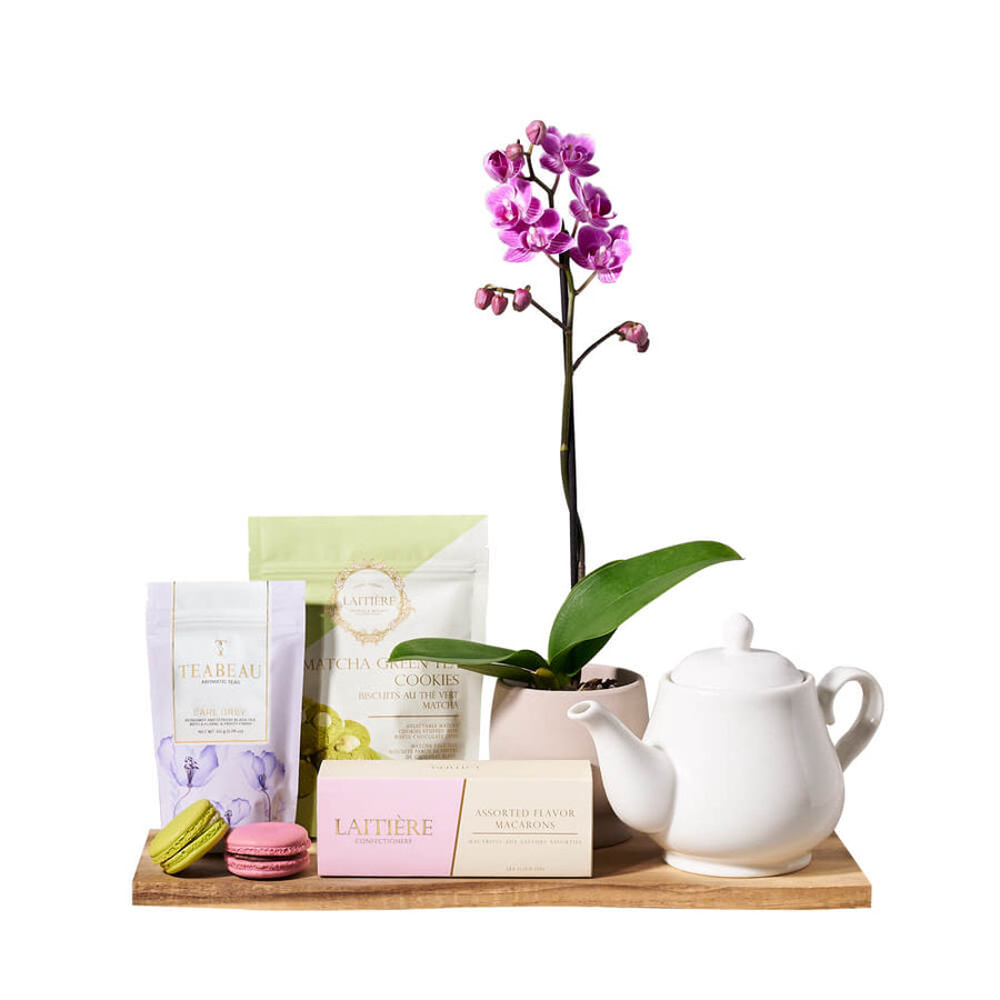 Orchid & Gourmet Tea Gift Set, tea gift, tea, cookie gift, cookies, orchid gift, orchids, gourmet gift, gourmet. America Blooms- America Blooms  Delivery