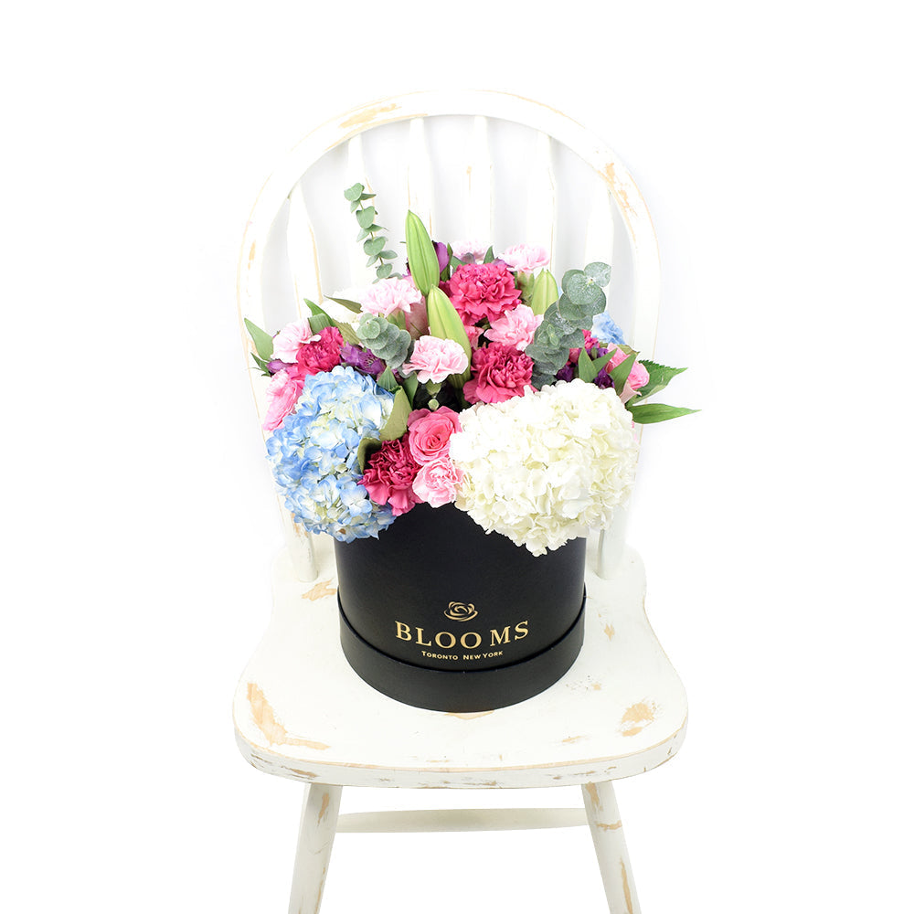 Gourmet Gift Featuring Designer Round Hat Box Floral Arrangement – how the gift is presented