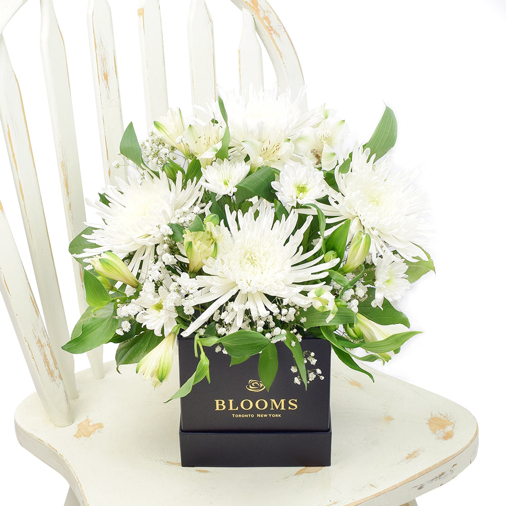 Chic Black Hat Box Floral Arrangement with Spider Chrysanthemums – how the gift is presented