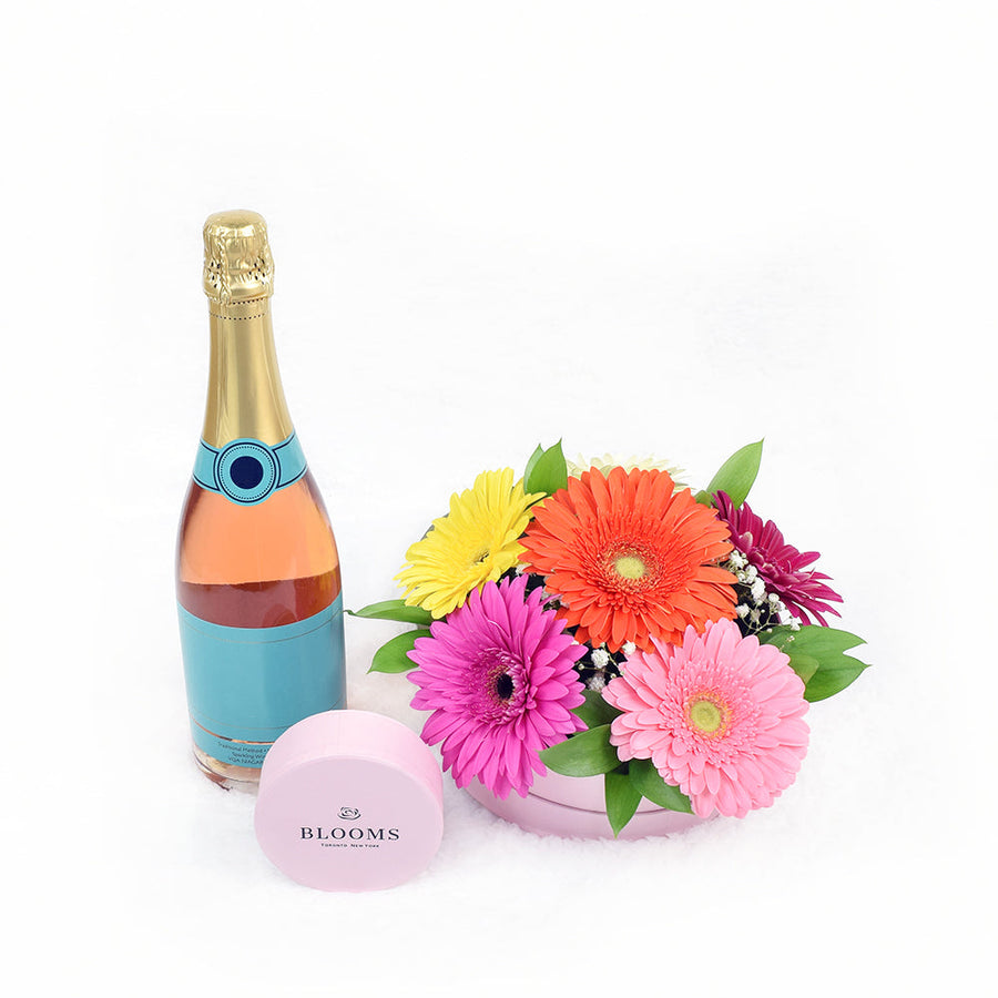 Posh Delights Champagne & Flower Gift, Daisy floral arrangement with champagne and chocolate truffles, from America Blooms - America Delivery.