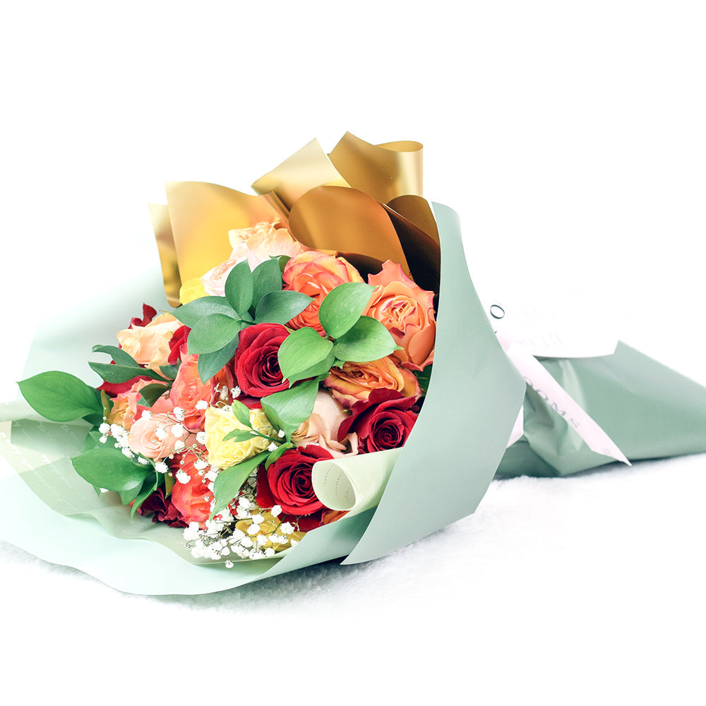 Rustic Arcadia Rose Bouquet, with red, orange and yellow roses. Baby's breath and ruscus from America Blooms - America Delivery.
