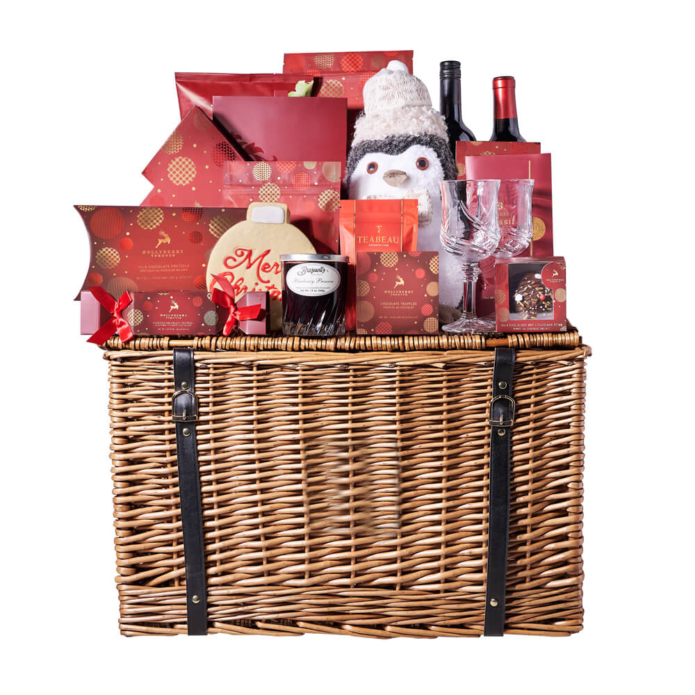 Season’s Greetings Wine Gift Basket, christmas gift, christmas, holiday gift, holiday, gourmet gift, gourmet, chocolate gift, chocolate. America Delivery