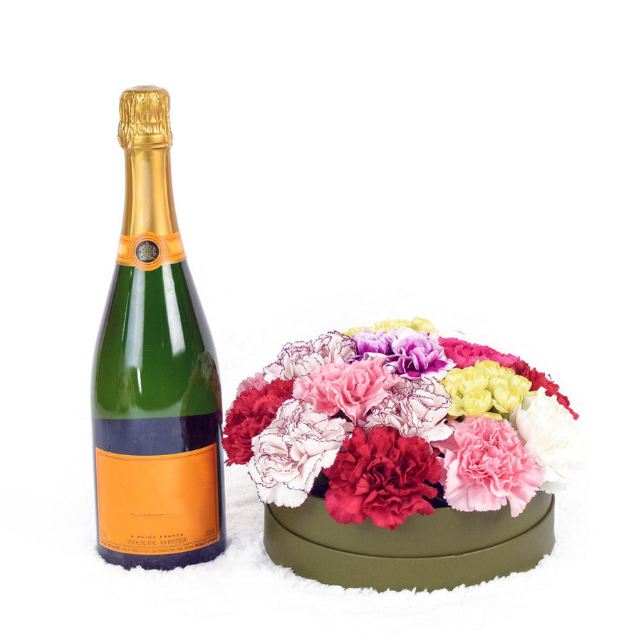 Mixed Carnation Box Arrangement With Champagne - Wine Gift - America Blooms- America Blooms Delivery