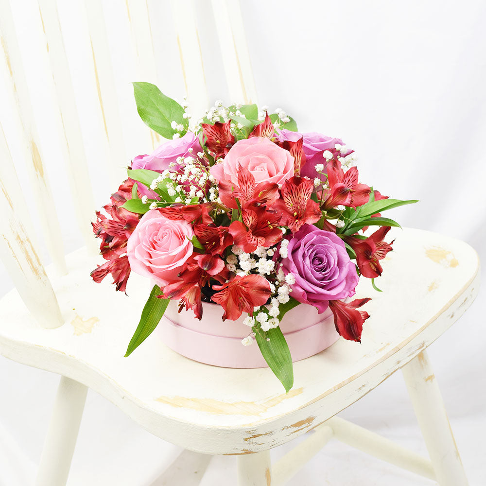 Deluxe Red, Pink, and Purple Mixed Rose Arrangement – how the gift is presented
