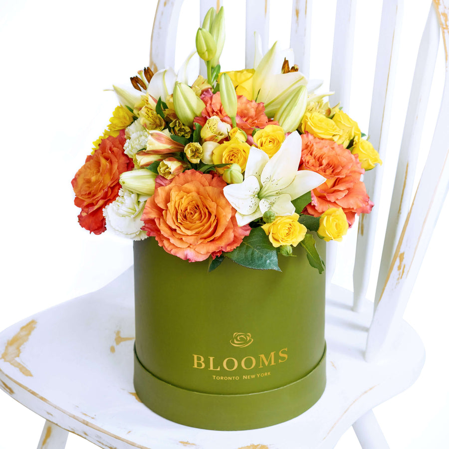 The Summer Glow Mixed Arrangement features a selection of beautiful roses, lilies, daisies, alstroemeria and carnations in a sleek designer box – ready to be delivered to your loved ones on any special occasion, from America Blooms - America Delivery.