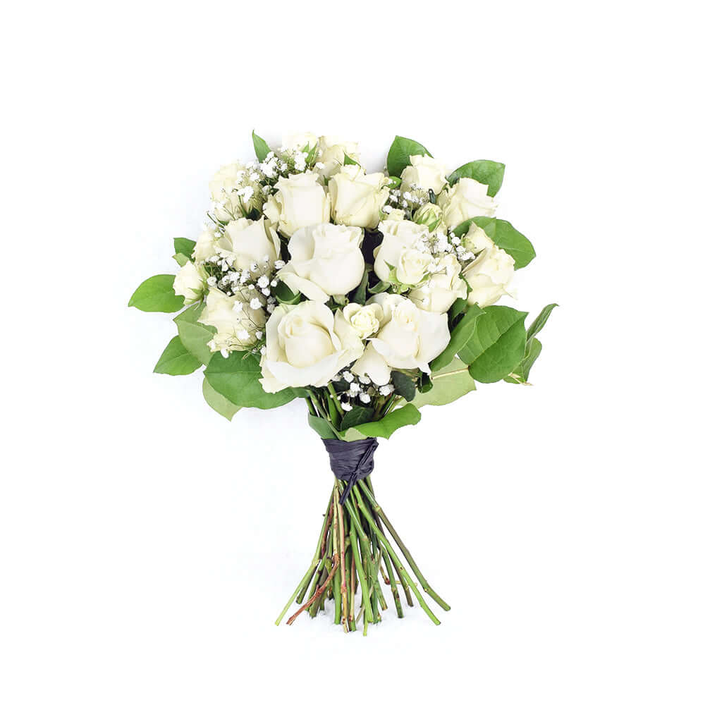 White Spray Rose Bouquet with Designer Ribbon Wrap – how the gift is presented