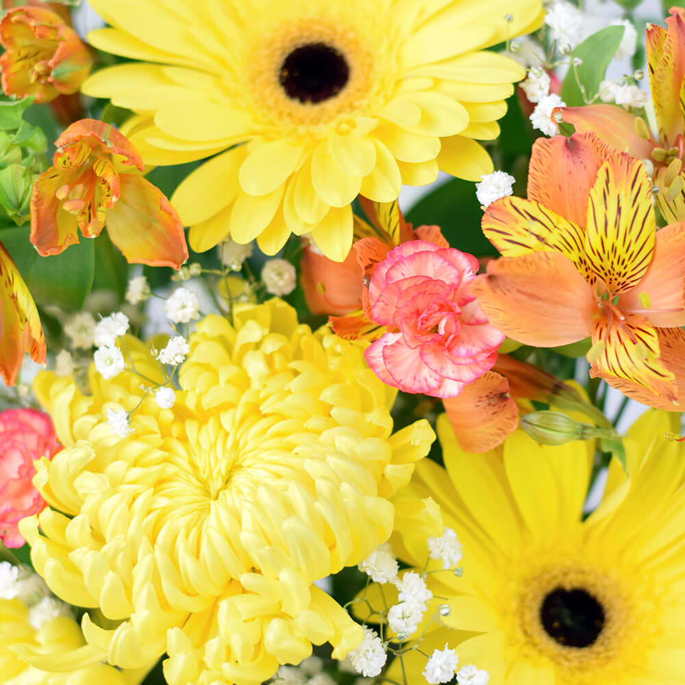 Sunrise mixed floral hat box arrangement. Blooms America Delivery