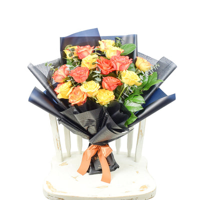 Sunset rose bouquet in red, yellow, and orange. Blooms America Delivery