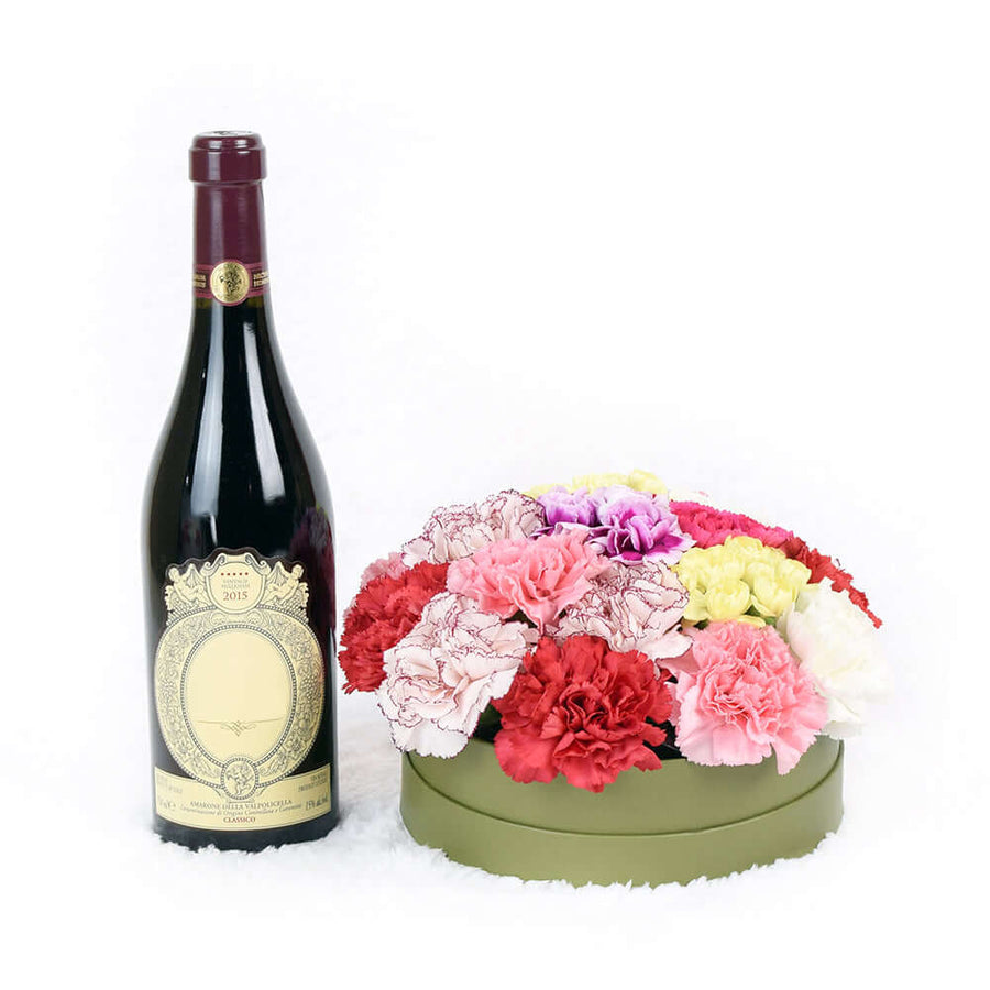 Carnation Hat Box Arrangement with wine. America Blooms Delivery
