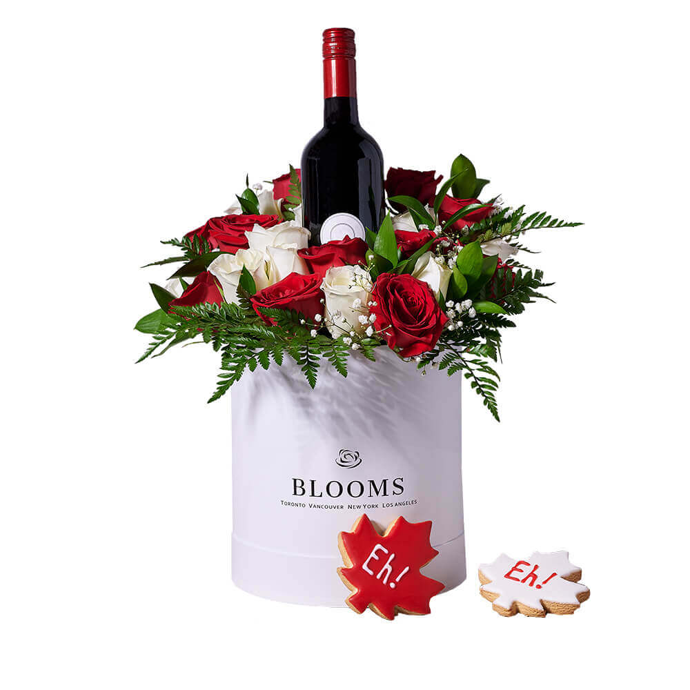 Touch of America Gift, wine gift, wine, flower gift, flower, cookie gift, cookie, America day gift, America day. America Blooms Delivery