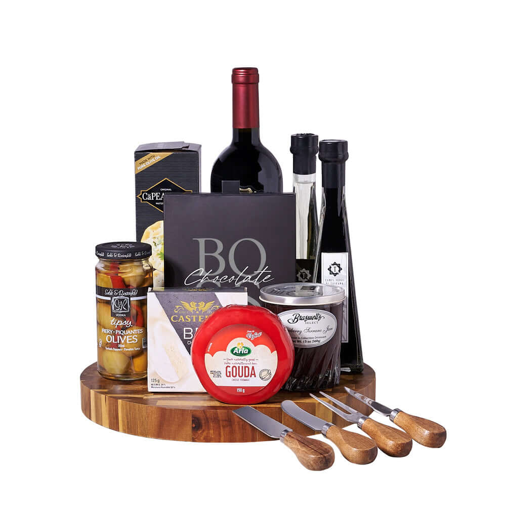 Wine & Cheeseboard Gourmet Gift, wine gift, wine, gourmet gift, gourmet, cheeseboard gift, cheeseboard, cheese board. America Blooms Delivery