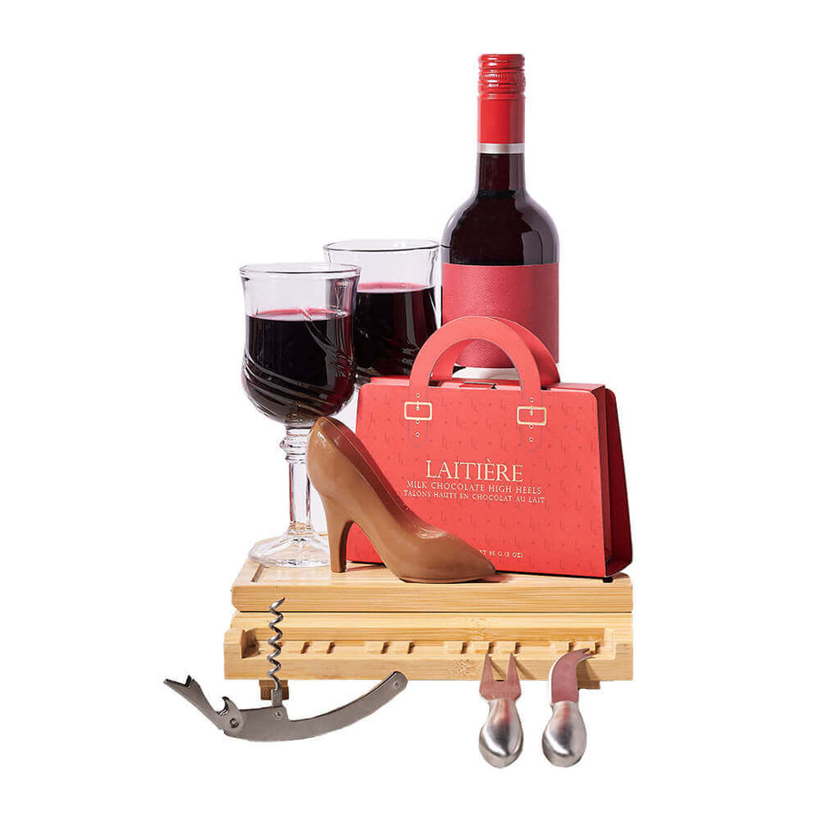Wine & Chocolate Heel Set, chocolate gift, chocolate, wine gift, wine, gourmet gift, gourmet. America Blooms Delivery