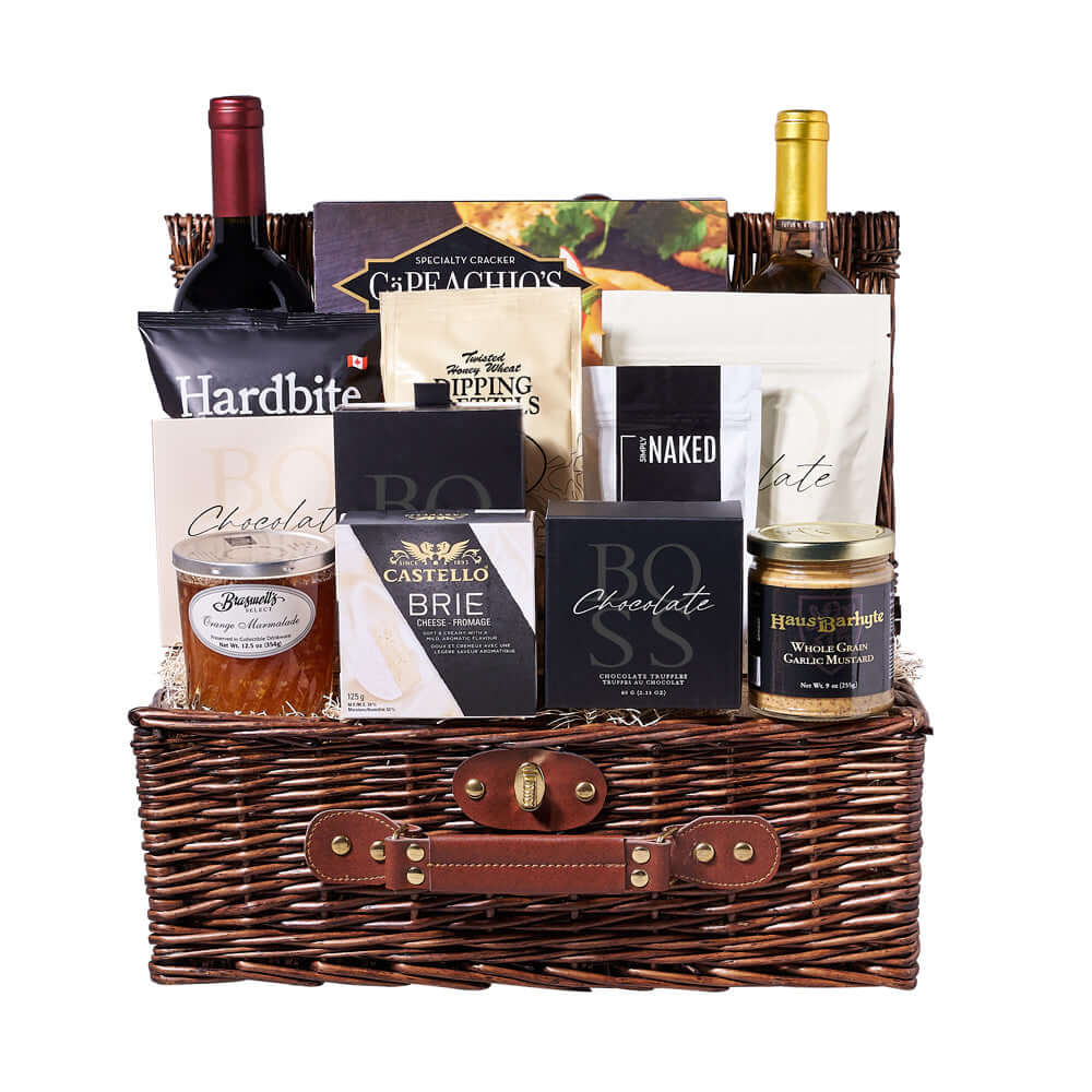 Wine & Snack Assortment Basket, wine gift, wine, gourmet gift, gourmet, chocolate gift, chocolate, gift basket, gift. America Blooms delivery